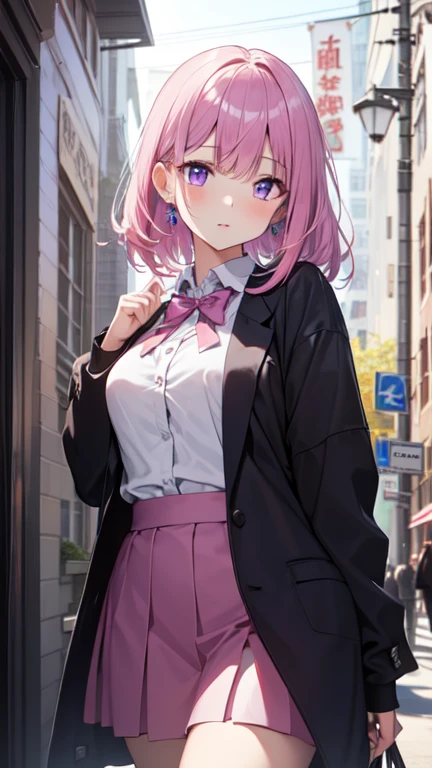 (high resolution, Practical, 4K, Extremely detailed, masterpiece:1.2),1 hermaphrodite girl, , Unisex, Shiny purple eyes, pink medium length hair, student, Charming beauty
