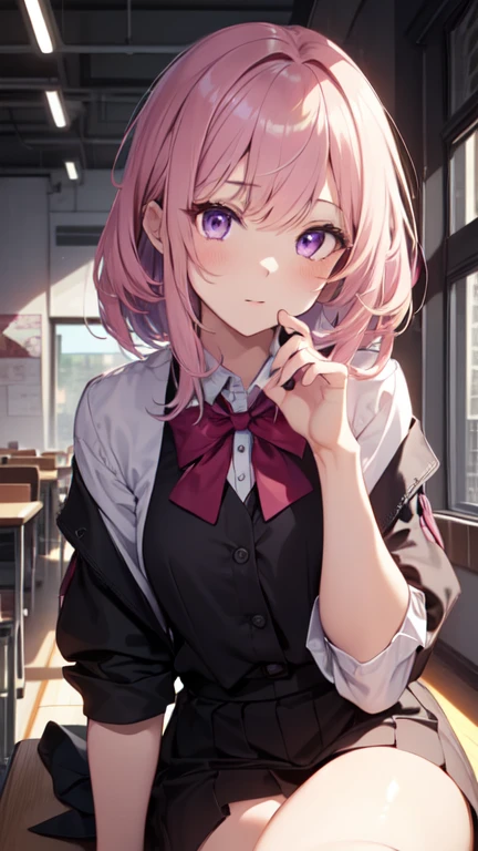 (high resolution, 4K, Extremely detailed, masterpiece:1.2),1girl, Shiny purple eyes, pink medium length hair, student, student製服, Charming beauty ,