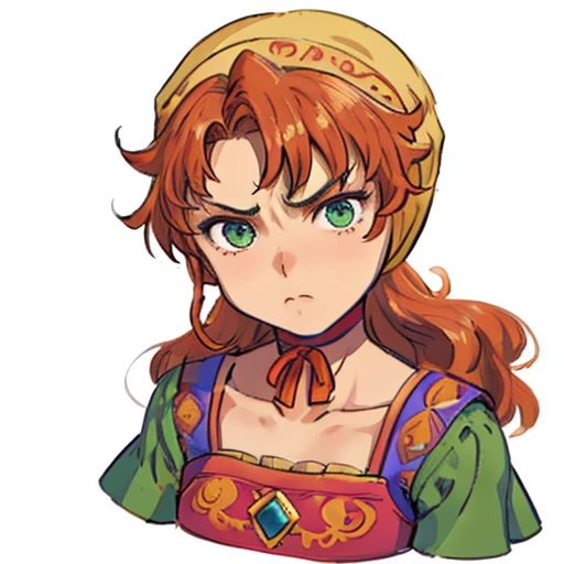 (masterpiece), (best quality),(portrait),(bust up),1girl,solo,(sharp focus),(look at viewer),maribel, long green dress, orange hair,hood, 1girl,solo, red choker, looking at viewer, sullen, 10 years old ,ancient clothes,(simple background),old school fantasy art,super shiny face,Ultra Glossy Skin,smug,embroidery outfit,farmer