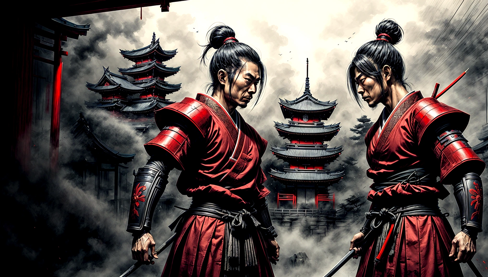 a samurai warrior wearing red and black, a Japanese-style environment, Japanese buildings, a playful combat environment, staring at the camera, misty environment with dark elements