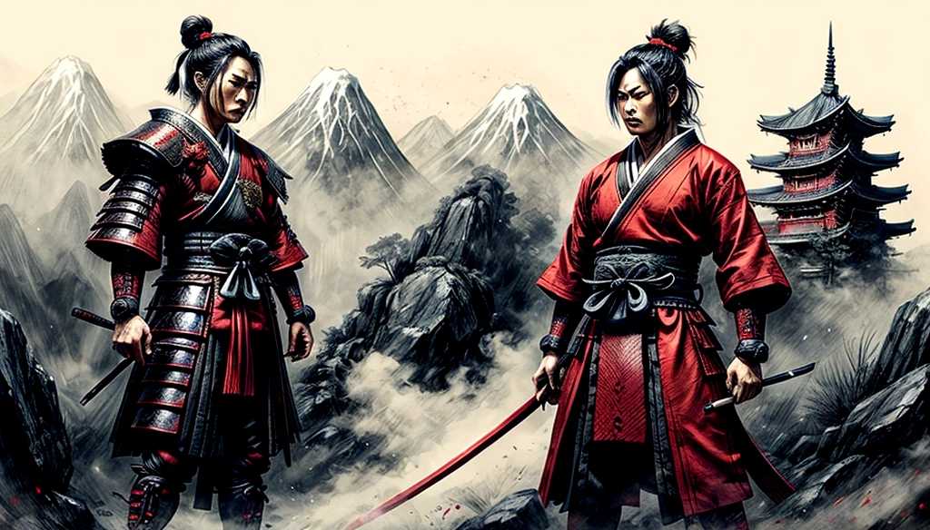 a samurai warrior wearing red and black, a Japanese-style environment, Japanese buildings, a playful combat environment, staring at the camera, misty environment with dark elements