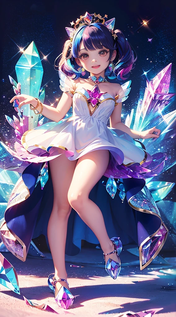 cute (Masterpiece), (Best quality), Extremely detailed, illustration, ((1girll)), (colorful crystals:1.5),(Wear crystal shoes:1.5),(colorfulhair:1.2),(Colorful dresses),High chiaroscuro,(full bodyesbian:1.5) chibi smiling gently sparkling light rainbow color