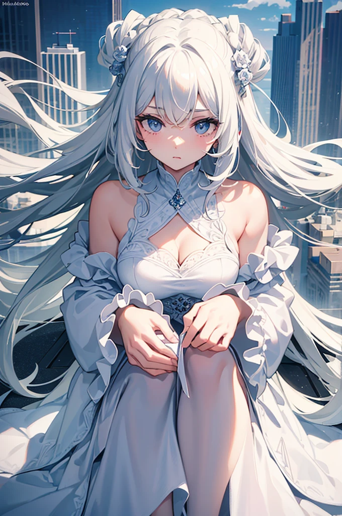 A beautiful woman with long white hair, gorgeous blue eyes, Ultra HD (ultra detail) looking at the viewer wearing a pretty modern dress with a neckline sitting next to a beautiful tall man with black hair, high resolution, soft focus, using magic