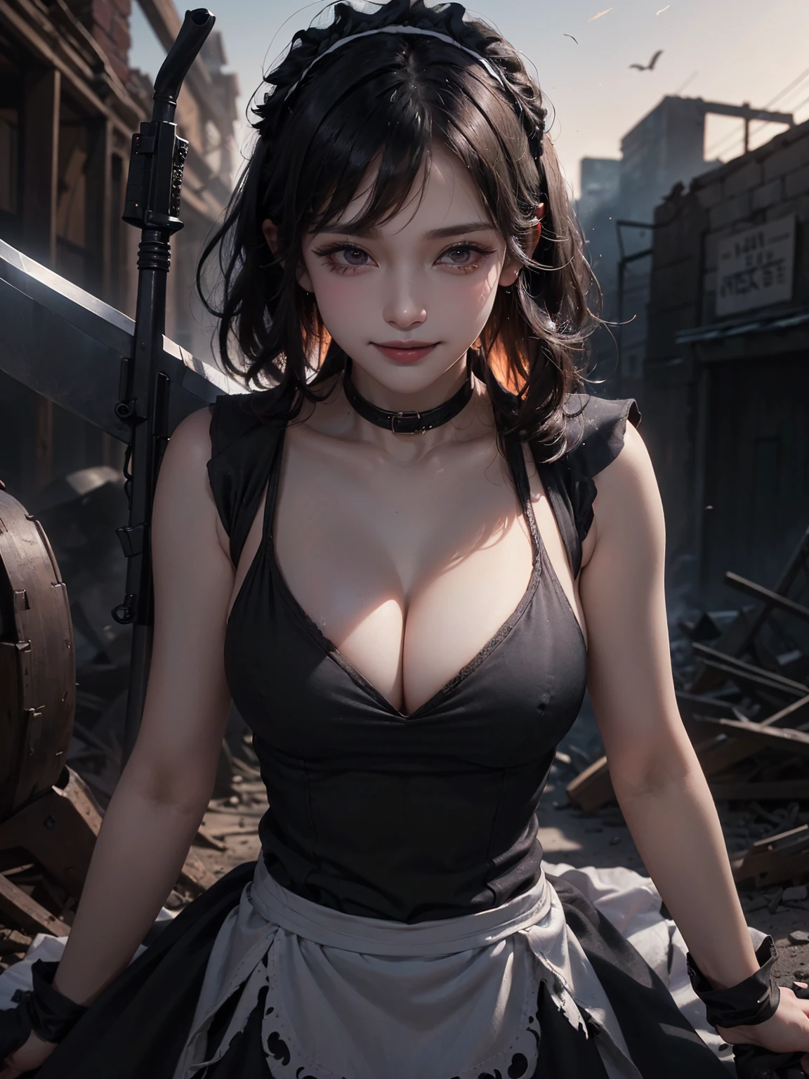 (masterpiece:1.3, Highest quality, Ultra-high resolution, Super detailed), (Realistic, photoRealistic:1.4), Perfect lighting, colorful, Depth of written boundary, Browsing Caution, Surrealism,((Pose with a gun and sword:1.3)),Beautiful detailed hair, Beautifully detailed face, Beautiful fine details, Beautiful valley,Beautiful clavicle, Beautiful body, thin脚,Beautiful feet, Beautiful breasts,Beautiful Hands, thin, 1 girl,Perfect Face, Long eyelashes,21 years old,Perfect Anatomy, Supermodel with a long neck,((Skinny1.3)),looking at the camera,(Perfect Anatomy,Anatomically correct, Highly detailed skin), Shiny skin,((beautiful girl:1.1)),(( large breasts:1.4)),(Mid-length hair:1.4, Wavy Hair:1.2, Black Hair) ,hair over one eye, Dainty facial structure,((Happy smile:1.3 )), (bullet proof vest:1.3),(( ((wearing(black)Maid clothes:1.3 )),criss-cross halter, ((Has an assault rifle)),Long hangerless gloves,((Destroyed city)),Ruins scary atmosphere,Mood Lighting,naked,spooky,soil,Deep dark background,Complex background,action,Daytime,((looking away:1.2)),((wind lift)),((wind effect)),upper body,
