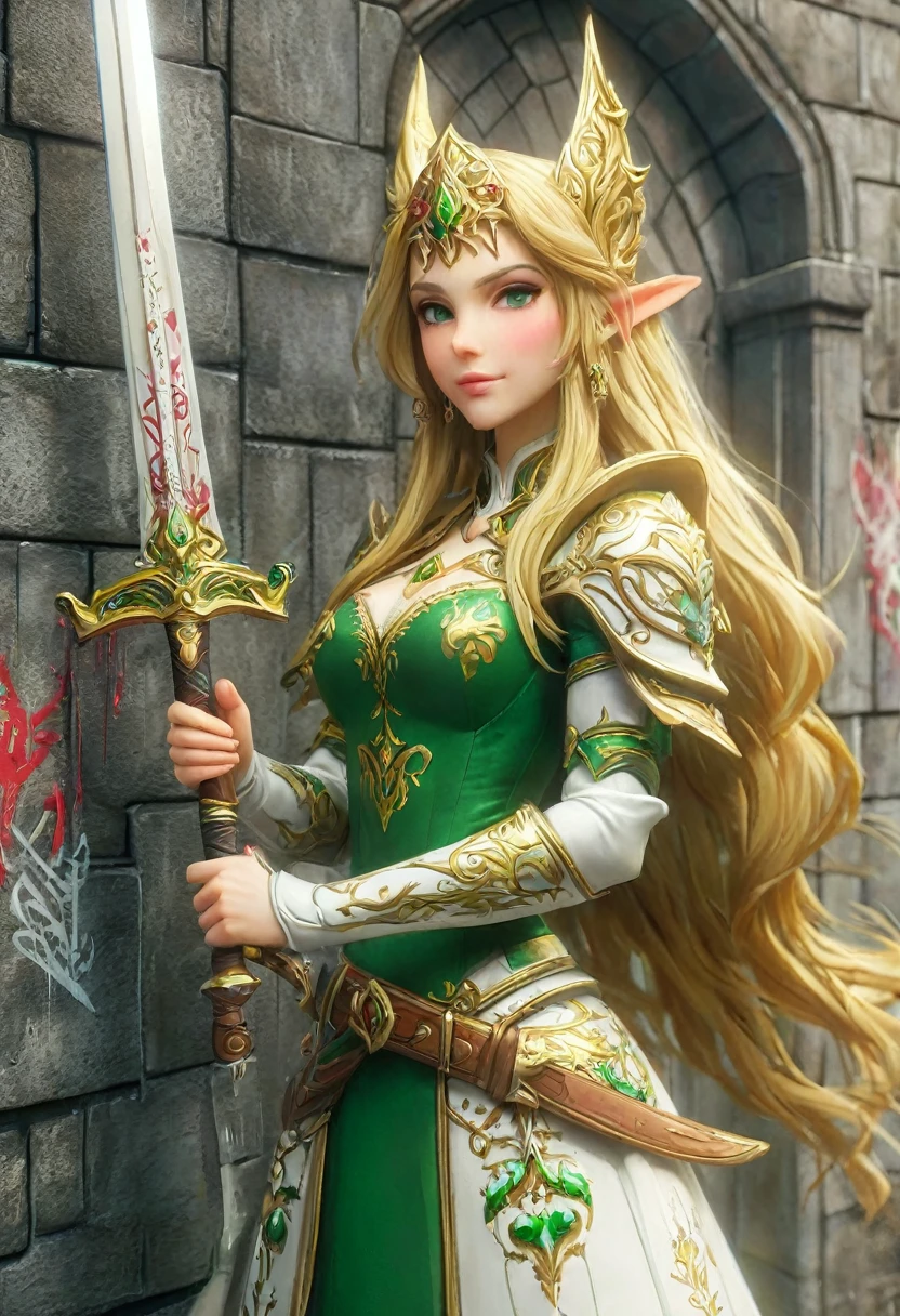 a graffiti art paint on the wall of the castle of  Princess Zelda on the wall of a castle, ,Princess Zelda (intense details, Masterpiece, best quality: 1.5), ultra detailed face, ultra feminine, fair skin, exquisite beauty, gold hair, long hair, wavy hair, small pointed ears, dynamic eyes color, wearing heavy green and white armor, shinning metal, armed with elven sword, ais-graffiti, chumbasket art style