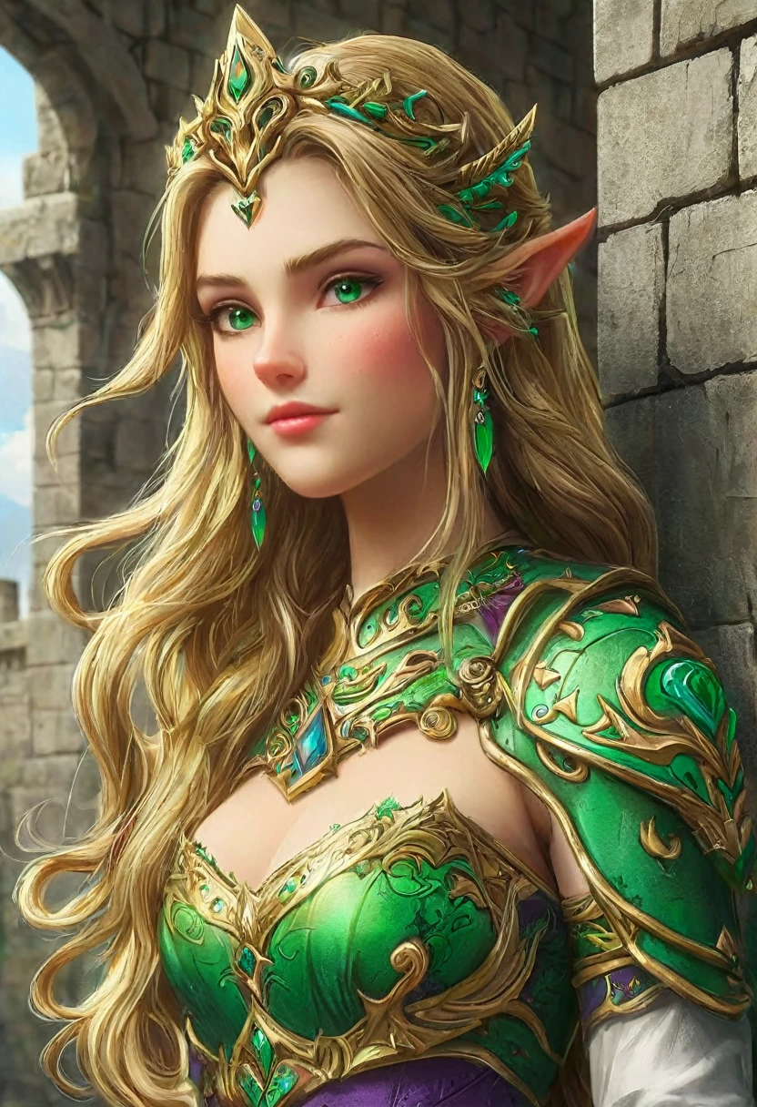 a graffiti art paint on the wall of the castle of Princess Zelda on the wall of a castle, ,Princess Zelda (intense details, Masterpiece, best quality: 1.5), ultra detailed face, ultra feminine, fair skin, exquisite beauty, gold hair, long hair, wavy hair, small pointed ears, dynamic eyes color, wearing heavy green and white armor, shinning metal, armed with elven sword, ais-graffiti, chumbasket art style