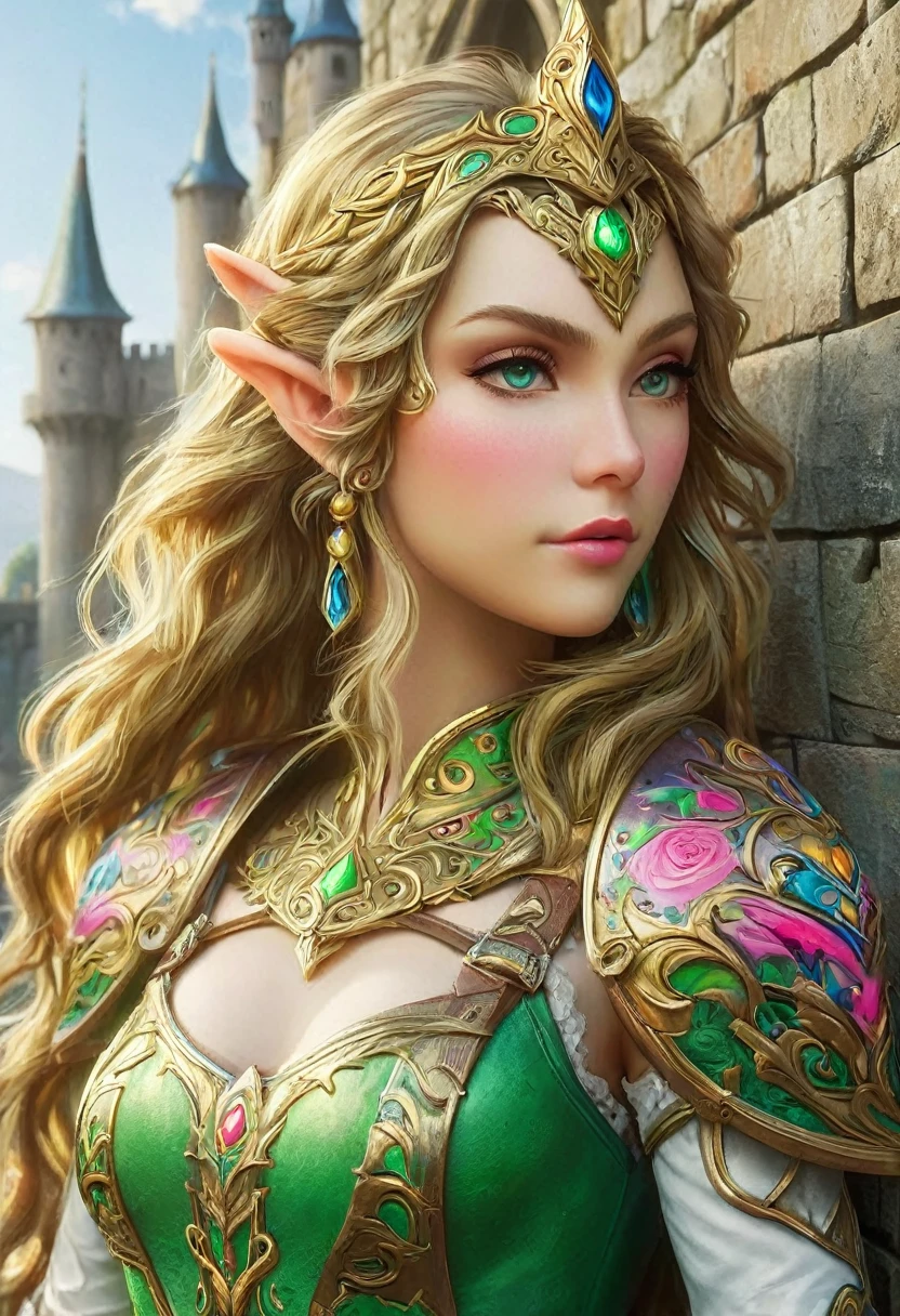 a graffiti art paint on the wall of the castle of  Princess Zelda on the wall of a castle, ,Princess Zelda (intense details, Masterpiece, best quality: 1.5), ultra detailed face, ultra feminine, fair skin, exquisite beauty, gold hair, long hair, wavy hair, small pointed ears, dynamic eyes color, wearing heavy green and white armor, shinning metal, armed with elven sword, ais-graffiti, chumbasket art style