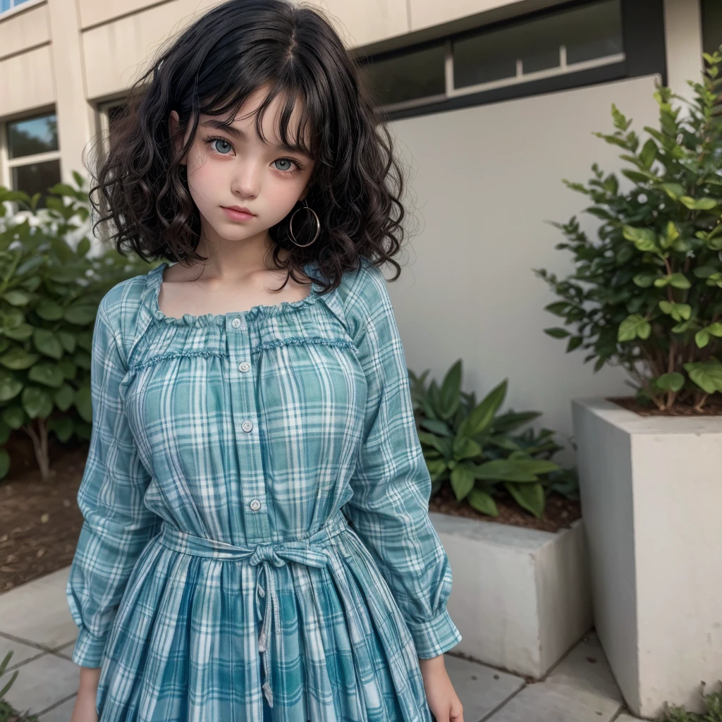 -yeld amcan girl, white skin, light green eyes and big curly black hair to the waist, wearing a blue plaid dress and a white long-sleeved blues.