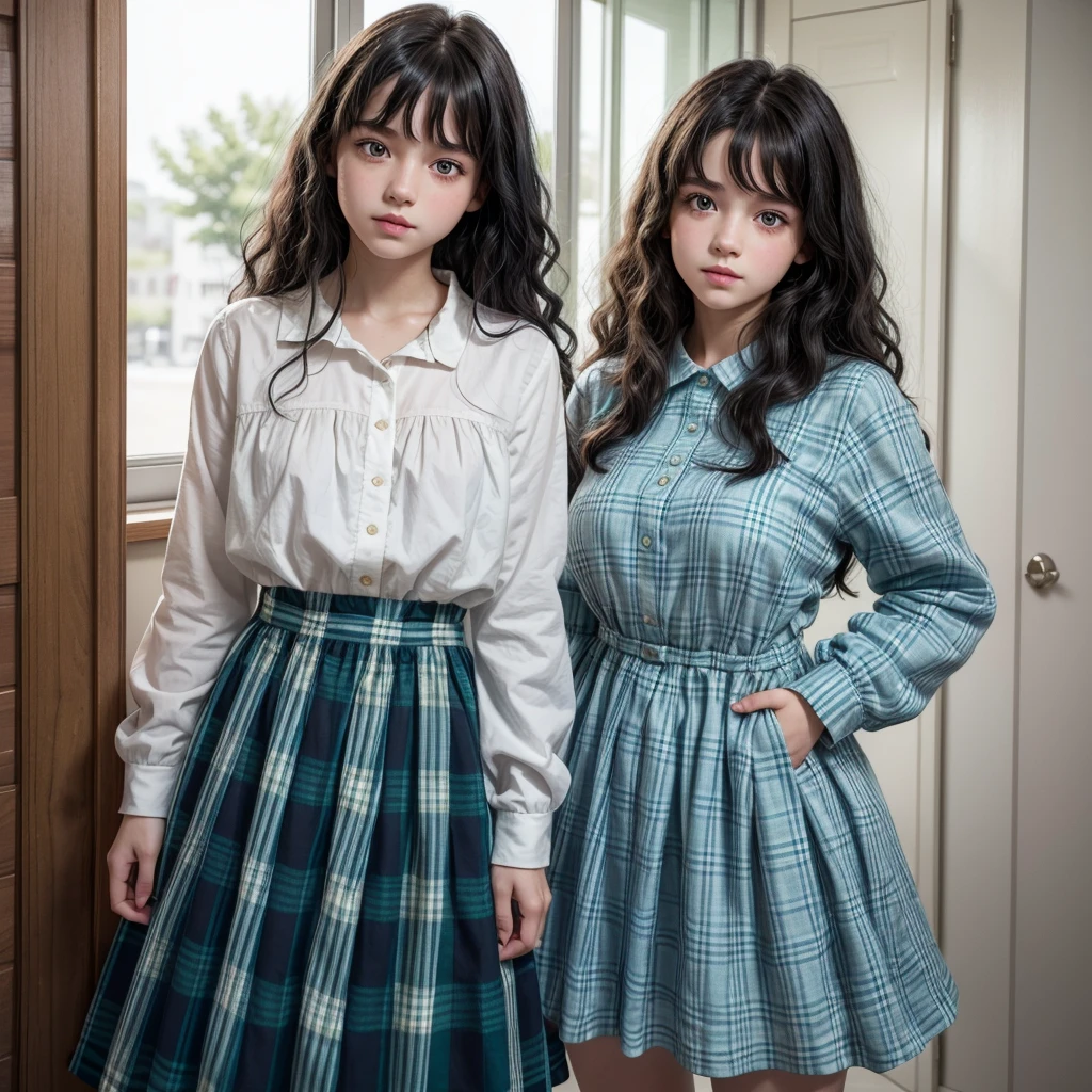14-year-old american girl, white skin, light green eyes and big curly black hair to the waist, wearing a blue plaid dress and a white long-sleeved blues. 