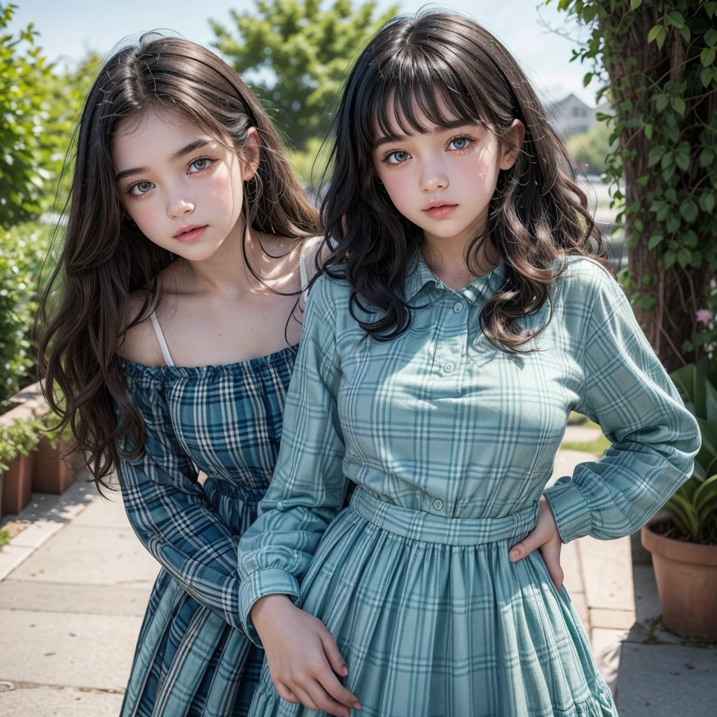 -yeld amcan girl, white skin, light green eyes and big curly black hair to the waist, wearing a blue plaid dress and a white long-sleeved blues.