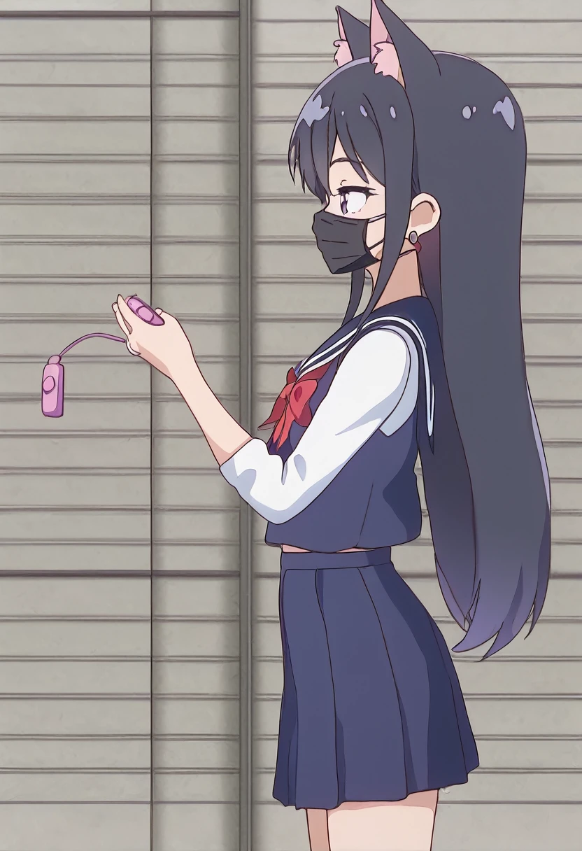 One Girl、Sailor suit、Fixed Vibrator、Expressionless、Love juice drips down my legs、first round、Cat ear、Side view、Black Mask、Earrings、Long Hair、stand、Pull up your skirt、Looking into the camera、