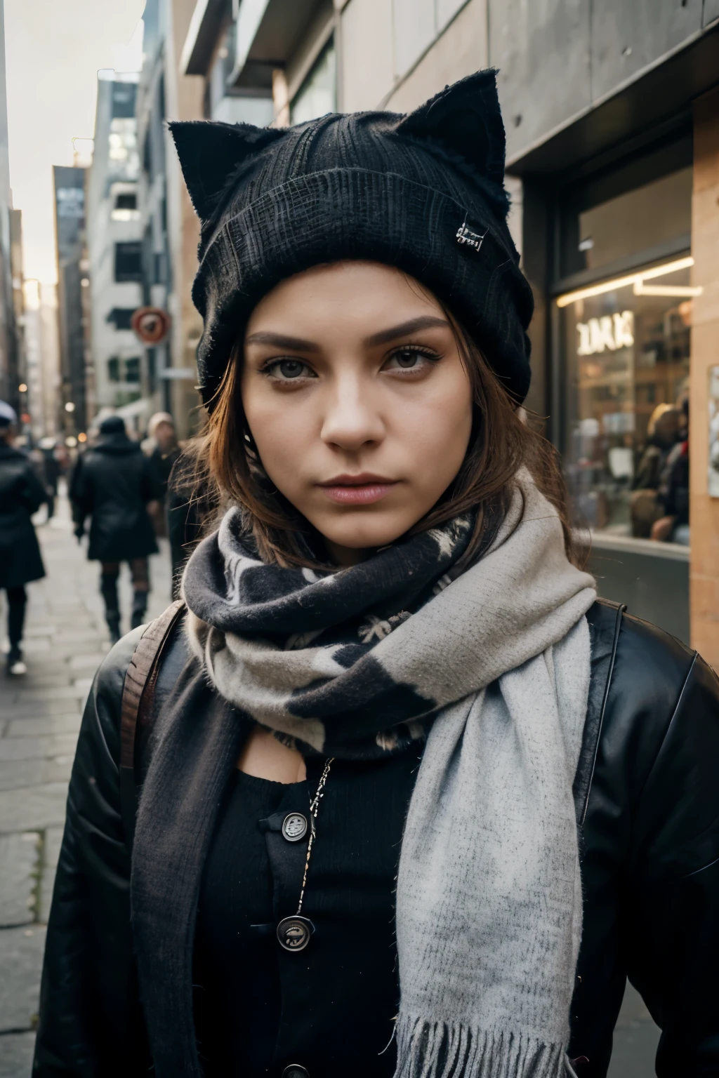 Picture of a cat in a hat and scarf., fashion at art stations, punk dressed, detailed hyperrealistic rendering, British gang members, Street style, intimidating pose, planet of cats, fashion clothes, city samurai, meow, west slavic traits, 8 1 5