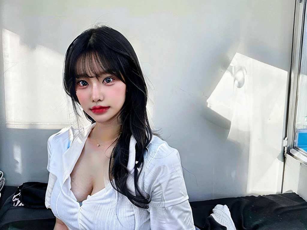 beautiful girl looking like 19 year's old, full body, skin colour white, black hair, blue eyes, background :- sitted Room ,chest bloated
