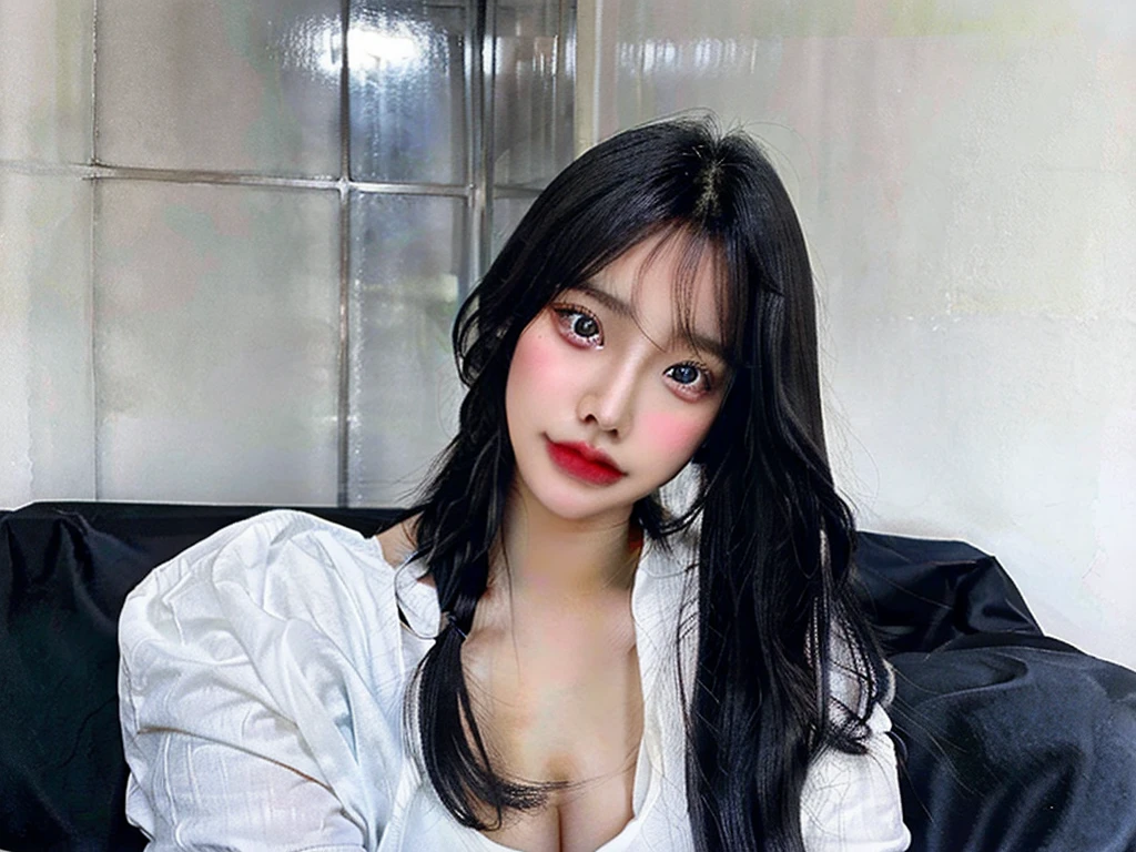 beautiful girl looking like 19 year's old, full body, skin colour white, black hair, blue eyes, background :- sitted Room ,chest bloated