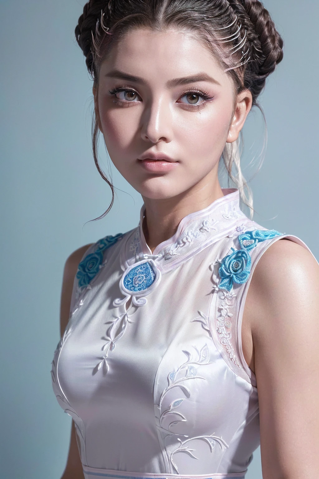 ((absurd quality,16k,highres,masterpiece:1.2), ultra details:1.3),UHD,(realism,photorealistic), (1woman:1.3 22-year-old), (super quality details in realistic texture: skin, hair), ((Ultra high-res Realistic eyes, clear sharp, not blurry, absurd quality details:1.25), brown_eyes), BREAK,. ((Fujicolor、daytime soft lighting)、fashion supermodel、((curly heban hair (slicked to the two side) Intricately detailed:1.35)),. BREAK, (pink_makeup:1.25),. BREAK, ((Classic and sexy ((white)) cheongsam)、Detailed blue decoration:1.25)),. (Fitted clothing:1.3)、dynamic pose、((close-up of her face:1.35)), (no decorations in the hair), (dark shot:1.2),