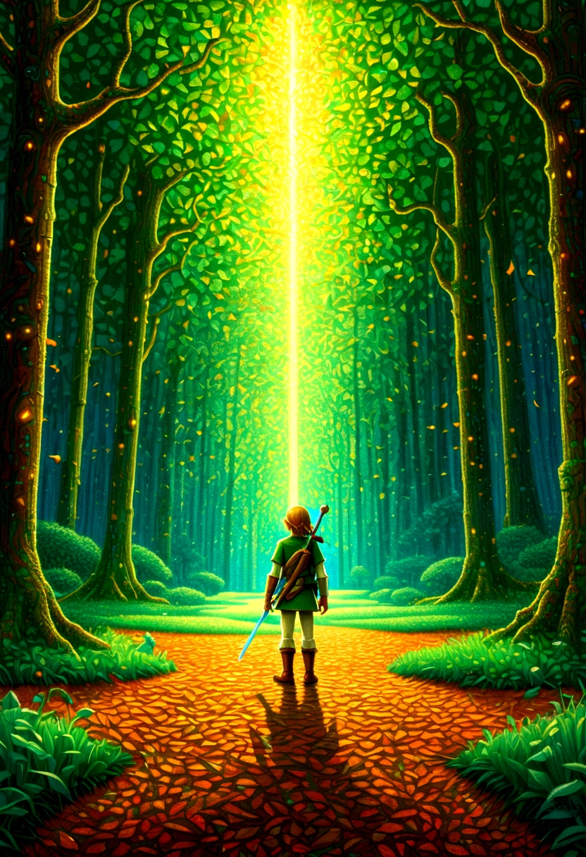 (The Legend of Zelda), Brave Link, forest, by James R. Eads, Georges Seurat Style, full body, (Photography), panoramic view, award-winning, cinematic still, emotional, vignette, dynamic, vivid, (masterpiece, best quality, Professional, perfect composition, very aesthetic, absurdres, ultra-detailed, intricate details:1.3)