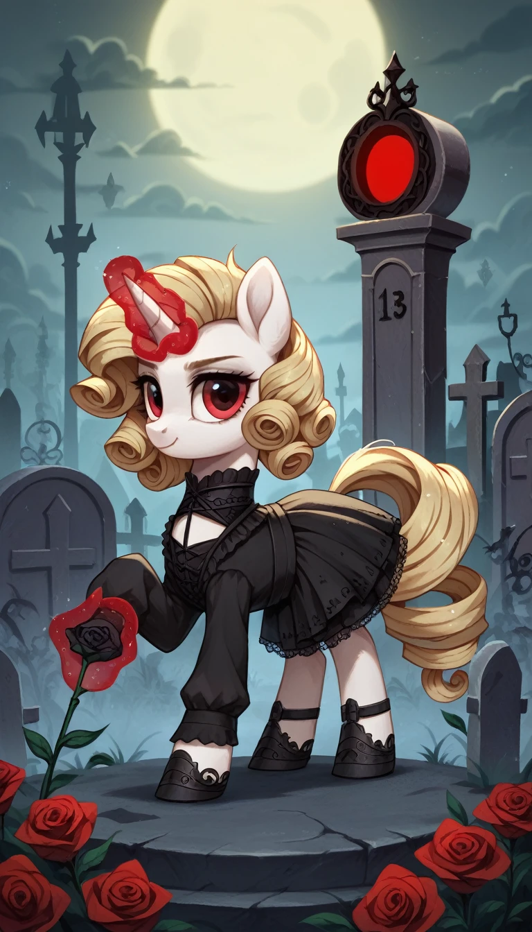 score_9,score_8_up,score_7_up,score_6_up, filly, unicorn, white fur, curly blonde hair, red eyes, Gothic pony, ta fashion, glowing backlight, fashion show, graveyard, glitter, whimsical, enchanted, magical, fantasy art concept, intricate details, holding a black rose with unicorn magic