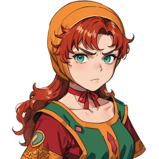 (masterpiece), (best quality),(portrait),(bust up),1girl,solo,(sharp focus),(look at viewer),maribel, long green dress, orange hair,hood, 1girl,solo, red choker, looking at viewer, sullen, 10 years old ,ancient clothes,(simple background),old school fantasy art,super shiny face,Ultra Glossy Skin,smug,embroidery outfit,farmer
