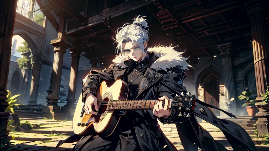 "best quality , High quality , The best details ,ภาพของนักกีตาร์holding a guitar in the right handผู้หลงใหล,father,black knight armor,((black long coat)), ((all black)), (blue eyes) ,Short White Quiff Hair with Soft Fringe, White hair tied in a low bun, shaved on the sides, turned to the left of the middle.((black long coat)), ((all black)), (blue eyes) ,Short White Quiff Hair with Soft Fringe, White hair tied in a low bun, shaved on the sides, turned to the left of the middle. ในห้องนอน,A place where sunlight shines through , Create a play of light and shadow.. Guitarist holding a wooden guitar in his right hand.holding a guitar in the right hand, inside the room, striking black shirt. Mesmerizing performance moments, Musicians immerse themselves in music.,beautiful sky,a young man,short hairstyle,(short white hair),handsome, blue eyes, handsome, father,Wear a wedding ring on the finger.