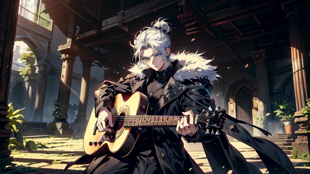"best quality , High quality , The best details ,ภาพของนักกีตาร์holding a guitar in the right handผู้หลงใหล,father,black knight armor,((black long coat)), ((all black)), (blue eyes) ,Short White Quiff Hair with Soft Fringe, White hair tied in a low bun, shaved on the sides, turned to the left of the middle.((black long coat)), ((all black)), (blue eyes) ,Short White Quiff Hair with Soft Fringe, White hair tied in a low bun, shaved on the sides, turned to the left of the middle. ในห้องนอน,A place where sunlight shines through , Create a play of light and shadow.. Guitarist holding a wooden guitar in his right hand.holding a guitar in the right hand, inside the room, striking black shirt. Mesmerizing performance moments, Musicians immerse themselves in music.,beautiful sky,a young man,short hairstyle,(short white hair),handsome, blue eyes, handsome, father,Wear a wedding ring on the finger.