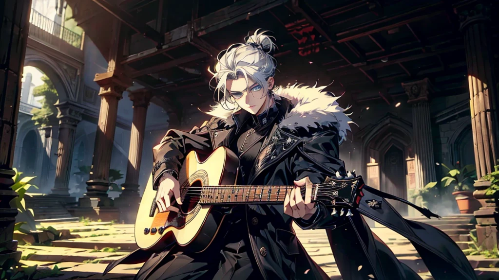 "best quality , High quality , The best details ,ภาพของนักกีตาร์holding a guitar in the right handผู้หลงใหล,father,black knight armor,((black long coat)), ((all black)), (blue eyes) ,Short White Quiff Hair with Soft Fringe, White hair tied in a low bun, shaved on the sides, turned to the left of the middle.((black long coat)), ((all black)), (blue eyes) ,Short White Quiff Hair with Soft Fringe, White hair tied in a low bun, shaved on the sides, turned to the left of the middle. ในห้องนอน,A place where sunlight shines through , Create a play of light and shadow.. Guitarist holding a wooden guitar in his right hand.holding a guitar in the right hand, inside the room, striking black shirt. Mesmerizing performance moments, Musicians immerse themselves in music.,beautiful sky,a young man,short hairstyle,(short white hair),handsome, blue eyes, handsome, father,Wear a wedding ring on the finger.