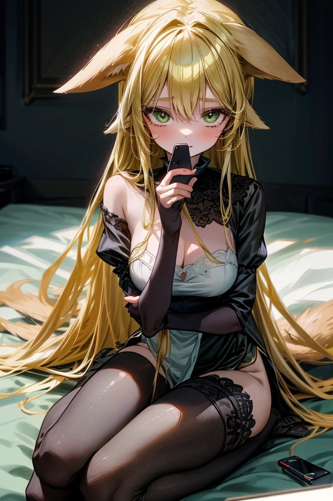 1girl, long golden hair,green eyes, dog floppy ears, in black stockings, sitting on bed, in underwear, slender body. Holding smartphone, looking at smartphone, perfect eyes, perfect quality