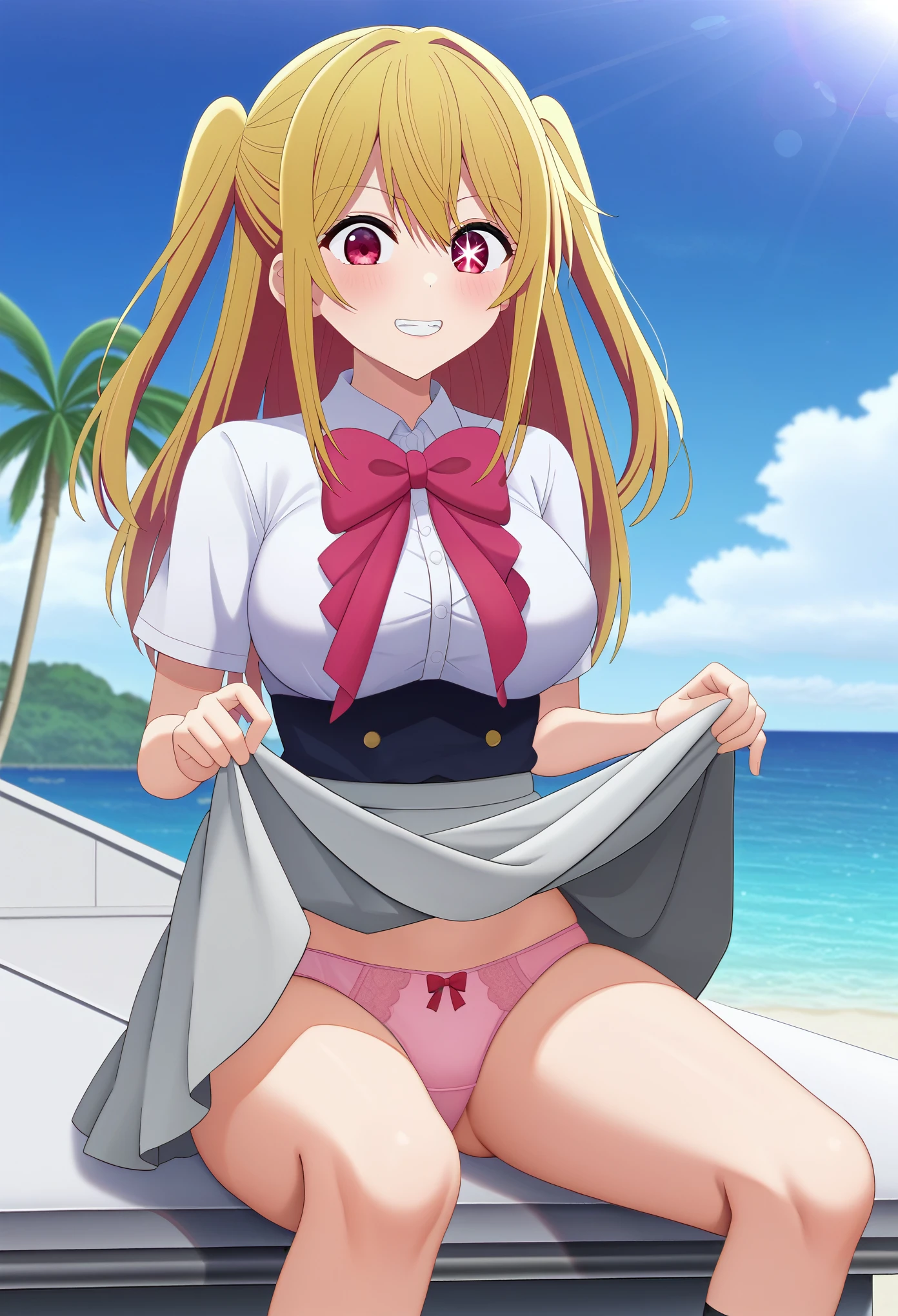 score_9, score_8_superior, score_7_superior, Break Source_anime, One girl, Hoshino Ruby, Blonde, Long Hair, one side superior, Red eyes, mismatched psuperiorils, star-shaped psuperiorils, , Red Bow, Grey Skirt, 眉をsuperiorげる, One knee, autumn ,anime girl in bikini standing on a beach with palm trees, wallpaper anime blue water, 4k yen manga wallpaper, anime moe artstyle, anime! 4K, anime! 4k yen, seductive anime girl, 4K anime wallpaper, ultra hd anime wallpaper, Realistic Bikini, Red cute tie, [ 4k yen digital art ]!!, ecchi anime style, anime girl sitting on bed with arms crossed, an anime drawing by Jin Homura, Pixiv, Tropical Hair Ribbon, anime moe artstyle, cute anime girl, I also make fan art,  , Check it out, anime best girl, anime visual of a cute girl, young anime girl, an anime girl, pretty anime girl, anime girl, Very detailed、masterpiece、Highest quality、Ultra-high resolution energy A、8K high resolution、Photo-worthy clarity、Detailed eyes、Gradation、Perfect anatomical figure ,hard disk、Hmph (English) ,Nikon Z9 80mm Lens , Tabletop、Model standing、Deep pink lace panties、The dress is made of white lace material(((Show me all my panties)))、(((The skirt is definitely worn.)))、(((スカートの裾をsuperiorげる)))、Panty Focus、Too bright natural light、sunlight、Detailed lace panty pattern、Regular panties、(((While standing, スカートをsuperiorげてカメラにパンティを見せましょう)))、(((beautifultiful alignment and snow-white teeth)))、(((Lift the skirt Greater than and、 Greater than,、Show your panties to the camera)))、Ultra slim body, Big Breasts、Slender model body type、beautifultiful posture, By subway、extremely hVery detailed、masterpiece、Highest quality、Ultra high resolution A、8K high resolution、Photo-worthy clarity、Detailed eyes、Gradation、Perfect anatomical figure ,hard disk、Hmph (English) (English) (English) (English) , Nikon Z9 80mm Lens , Tabletop、Model standing、red lace panties、This dress is made of red lace material.(((Show me all your leggings)))、(((The skirt is definitely worn.)))、(((スカートの裾をsuperiorげる)))、Leggings Focus、Too bright natural light、sunlight、(((While standing, She lifts her skirt to show her panties to the camera)))、(((beautiful