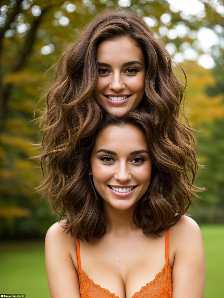 Capture a stunning 29-year-old UK woman, outside, standing normal, wearing a orange dress, Her hair is a rich brunette with subtle highlights, styled in luscious waves that frame her face beautifully. She has striking green eyes that contrast with her brown hair, adding a touch of mystery and allure. The photo should exude confidence and elegance, highlighting her natural beauty and captivating presence, cup size 34D(tetas grandes), made by iPhone, whitened teeth, show teeth
