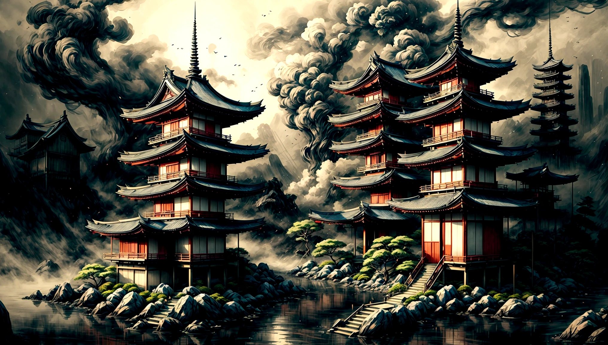 a Japanese-style environment, Japanese buildings, a playful combat environment, staring at the camera, misty environment with dark elements
