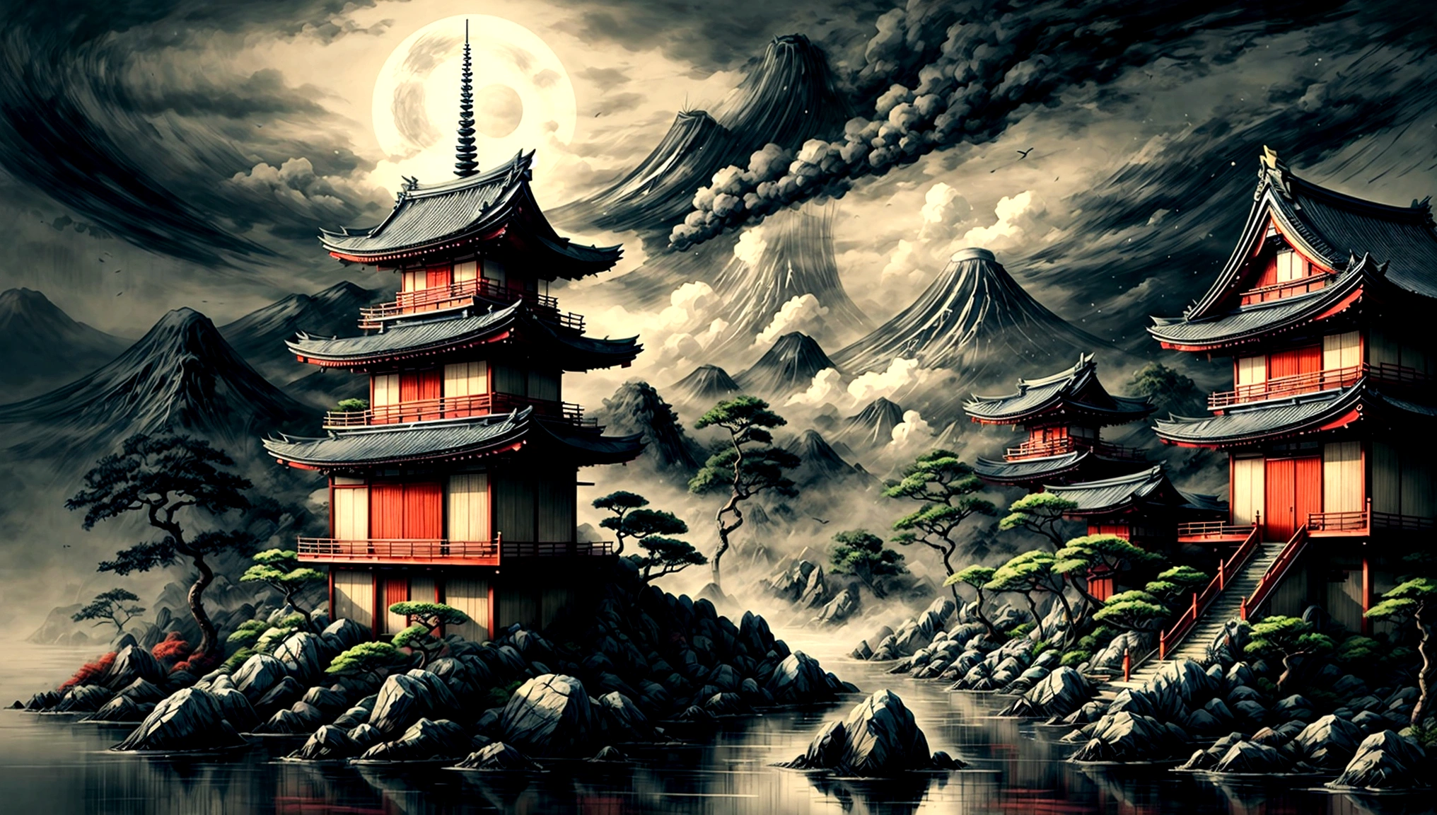 a Japanese-style environment, Japanese buildings, a playful combat environment, staring at the camera, misty environment with dark elements
