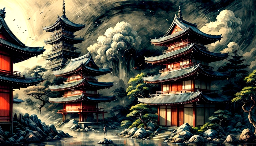 a Japanese-style environment, Japanese buildings, a playful combat environment, staring at the camera, misty environment with dark elements