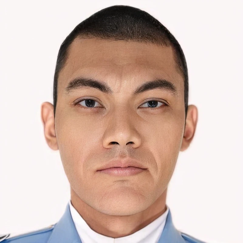 Caricature 3D real cartoon style of a man wearing a light blue uniform with white collar, short black hair, oval face, thick straight eyebrows, almond-shaped eyes, medium-sized straight nose, and neutral lips. The uniform has a name tag on the left chest, a wing-shaped badge on the right chest, and rank insignia on both shoulders. The background is red, drawn in 3D cartoon style.