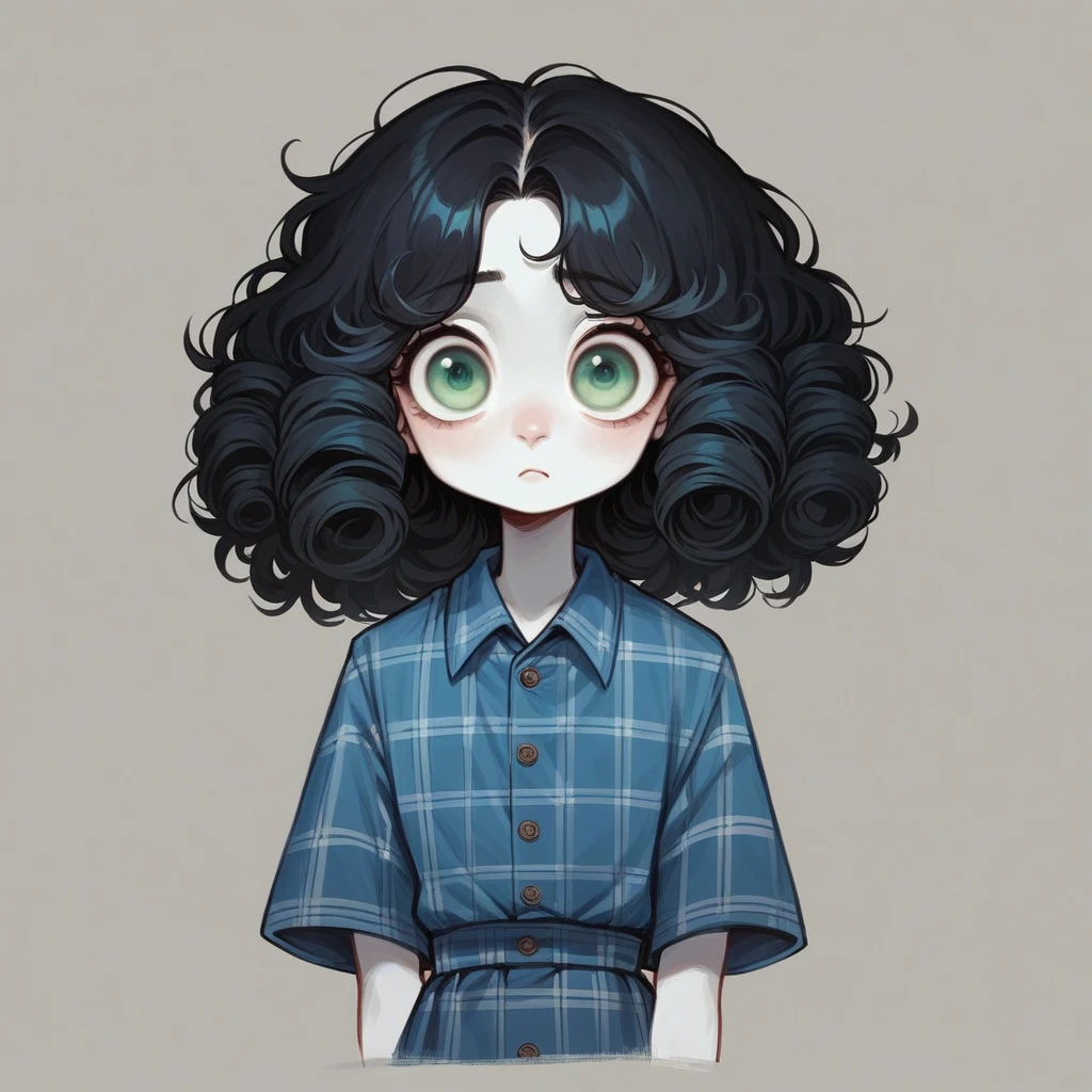 14-year-old american girl, white skin, light green eyes and big curly black hair to the waist, wearing a blue plaid dress and a white long-sleeved blouse. Oval face and big eyes. 