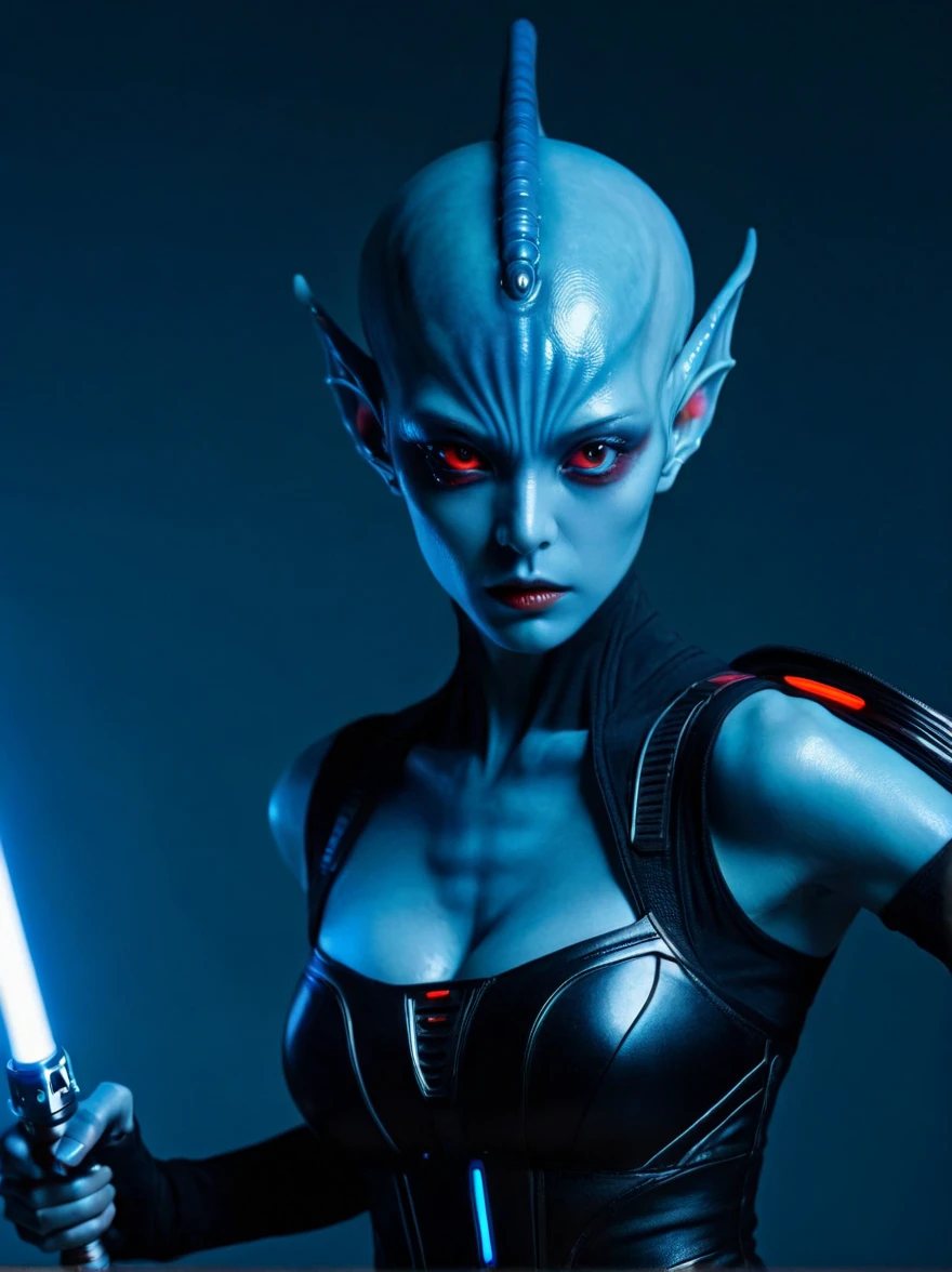 (Weird looking female alien:1.4), Red eyes, open mouth, sharp teeth, Mucus, aesthetic physique, (Strange looking alien), Fighting Stance, lightsaber in hand,Artistic photos, 8K, looking at camera, Light background, Nice face, Blue skin,Large Breasts。