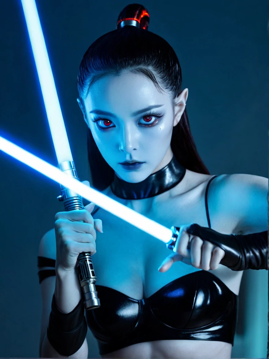 (Weird looking female alien:1.4), Red eyes, open mouth, sharp teeth, Mucus, aesthetic physique, (Strange looking alien), Fighting Stance, lightsaber in hand,Artistic photos, 8K, looking at camera, Light background, Nice face, Blue skin,Large Breasts。
