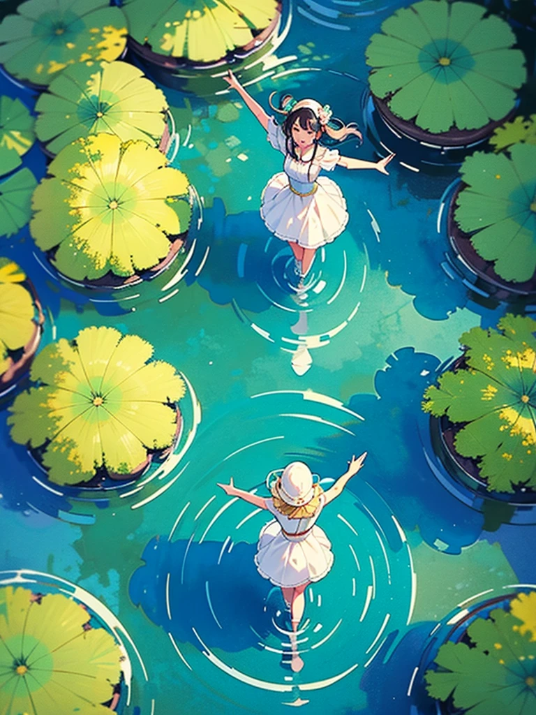 Woman walking on calm water, ((from above:1.5)), From above, Overlooking、Dancing Woman、Bottom Fish, lotus, Pool