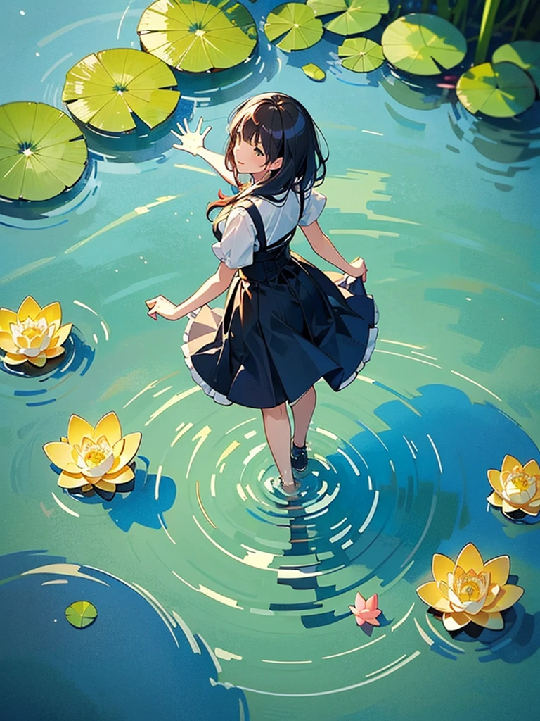 Woman walking on calm water, ((from above:1.5)), From above, Overlooking、Dancing Woman、Bottom Fish, lotus, Pool
