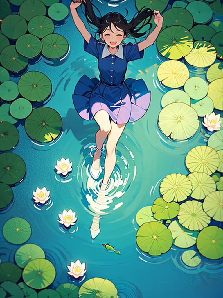 Woman walking on calm water, ((from above:1.5)), From above, Overlooking、Dancing Woman、Bottom Fish, lotus, Pool
