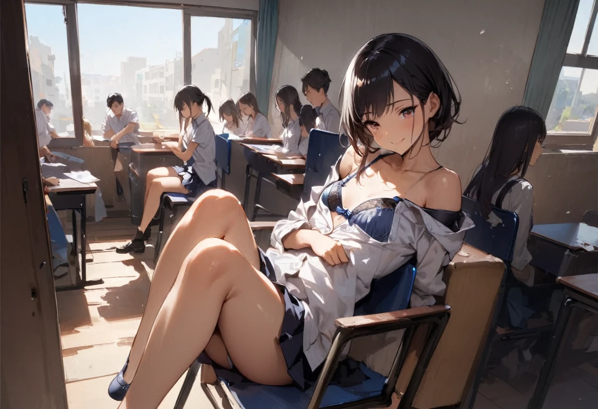 Stinking eyes、sideways glance、Have a fan、School、In the classroom、Sitting in a chair、Girl、Girl、Short、Younger、Lower school year、Baby Face、flat chest、Dynamic Angle、masterpiece、best quality、ultra-detail、Great Khan、The air conditioner is broken、Summer sunshine、Miniskirt、Panties、bra、Spreading legs、Looks hot、Raise one leg、The desks are lined up、corridor、window、Smiling、There are several classmates behind me.、Clothing、Untidy appearance、Her chest is exposed、Wide Stride、Fan、Heat