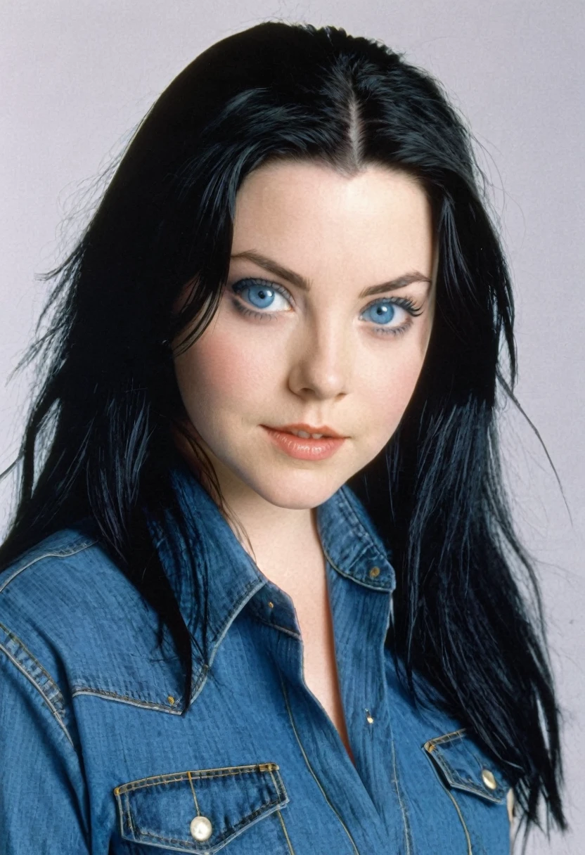 young Amy Lee wearing a denim shirt and a denim skirt long black hair and big blue eyes