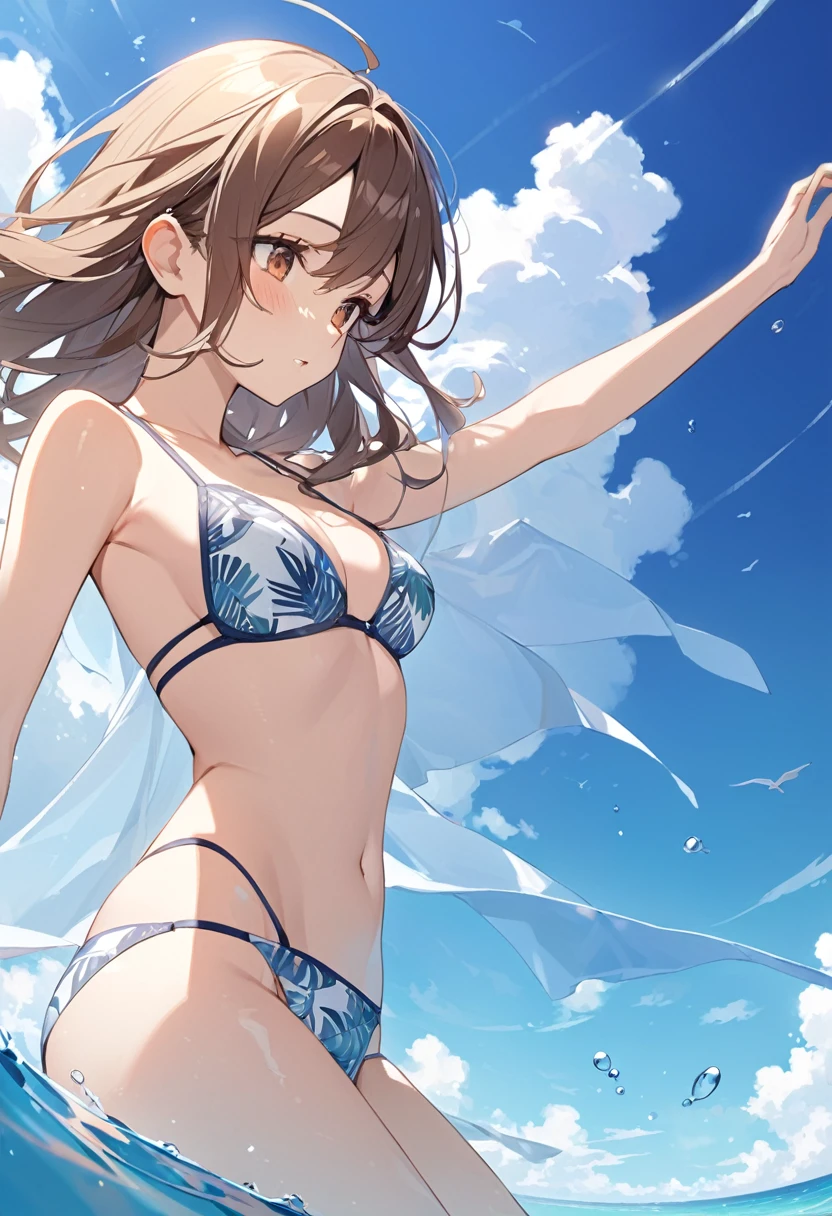 summer、Ocean、blue sky、beautiful girl、bikini、sexy、Low angle、Medium chest、Brown Hair