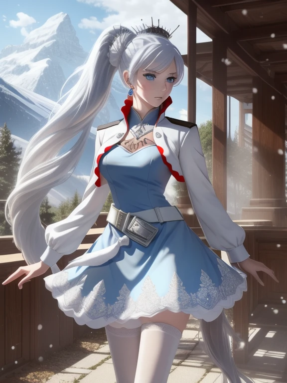 masterpiece,best quality,CG,wallpaper,HDR,high quality,high-definition,extremely detailed,(1girl), full body,(weiss schnee from RWBY), (blue eyes), (white hair), (side ponytail), (medium breasts), (weissneg, peaked cap), military uniform, white coat, belt, pantyhose,weissvale, ponytail, (white dress), jewelry, necklace, earrings,weissmistral, side ponytail, (blue dress), long sleeves, jewelry, earrings,walking, scar on face, scar across eye, snow, mountains,