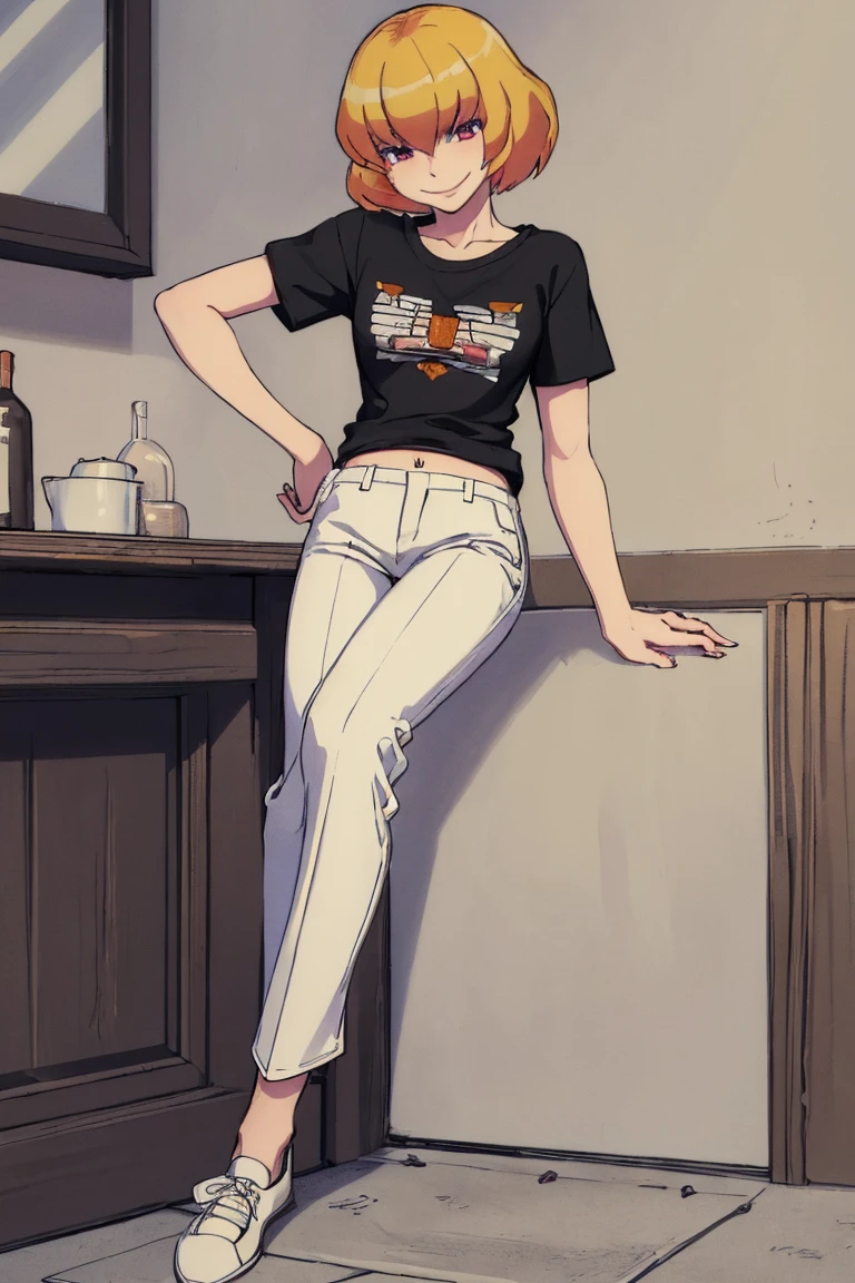 ((Highest quality)), ((masterpiece)), (be familiar with),Clementine,Overload,nsfw,Black and white t-shirt,No sleeve,Green Embroidery,White shoes,Fascinating,Black pants,Bewitching Smile,whole body