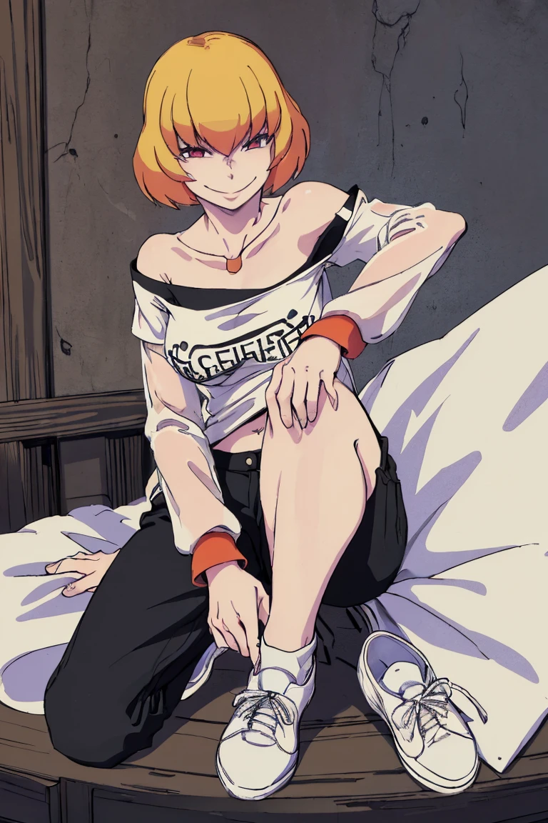 ((Highest quality)), ((masterpiece)), (be familiar with),Clementine,Overload,nsfw,Black and white t-shirt,No sleeve,Green Embroidery,White shoes,Fascinating,Black pants,Bewitching Smile,whole body