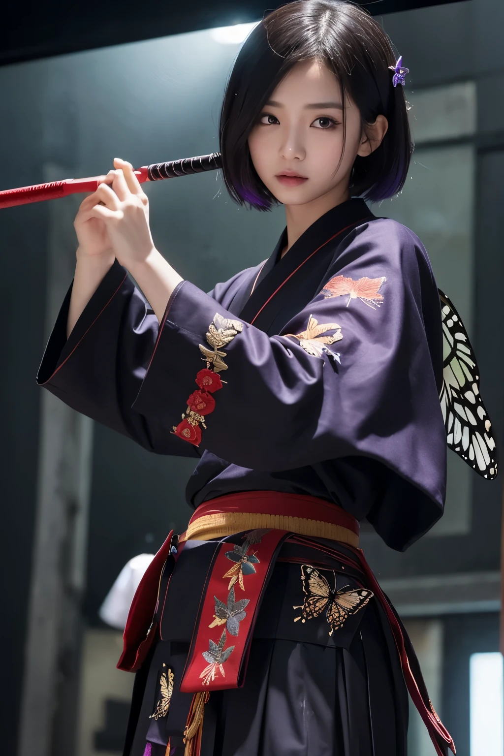 8K,Women in traditional Japanese costumes fighting,(Dark Shot:1.4), 80mm, (Dark Shot:1.4), 80mm, A magnificent reality, Big eyes,Black short bob hair,Black and purple butterfly hair ornament,Black kimono and red obi,Black and purple butterfly pattern(Intricate butterfly embroidery),Purple eyes(Purple Effect),mat, art,Horror movie lights, Photo Lab, High resolution, 複雑で非常にdetailed, (Depth of written border:1.4), (Dark Shot:1.22), (artステーション:1.2), 超detailedな, dramatic, Intricate details, (Technicolor:0.9), (Rutkowski:0.8), Like a horror movie, detailed, Soft Light, sharp, Exposure Blending, Medium Shot, (Noir:0.4), horror light,sharp, Exposure Blending、Medium Shot,Photorealistic RAW photos of the highest quality。Backlight, Cinema Lighting, Film Grain, to be born, 50mm lens, Nikon D850,Realistic Skin,ファンタジーart,キャラクターart,超High resolution,Muscular and slim body,in the forest,super Realistic Skin,Late Night,Underworld demon makeup,Demon Makeup,Battle Scenes,Action Scenes,Action pose,激しいAction pose,fierce fighting,Holding a dagger,Acrobatic pose,Fighting Style,flower,