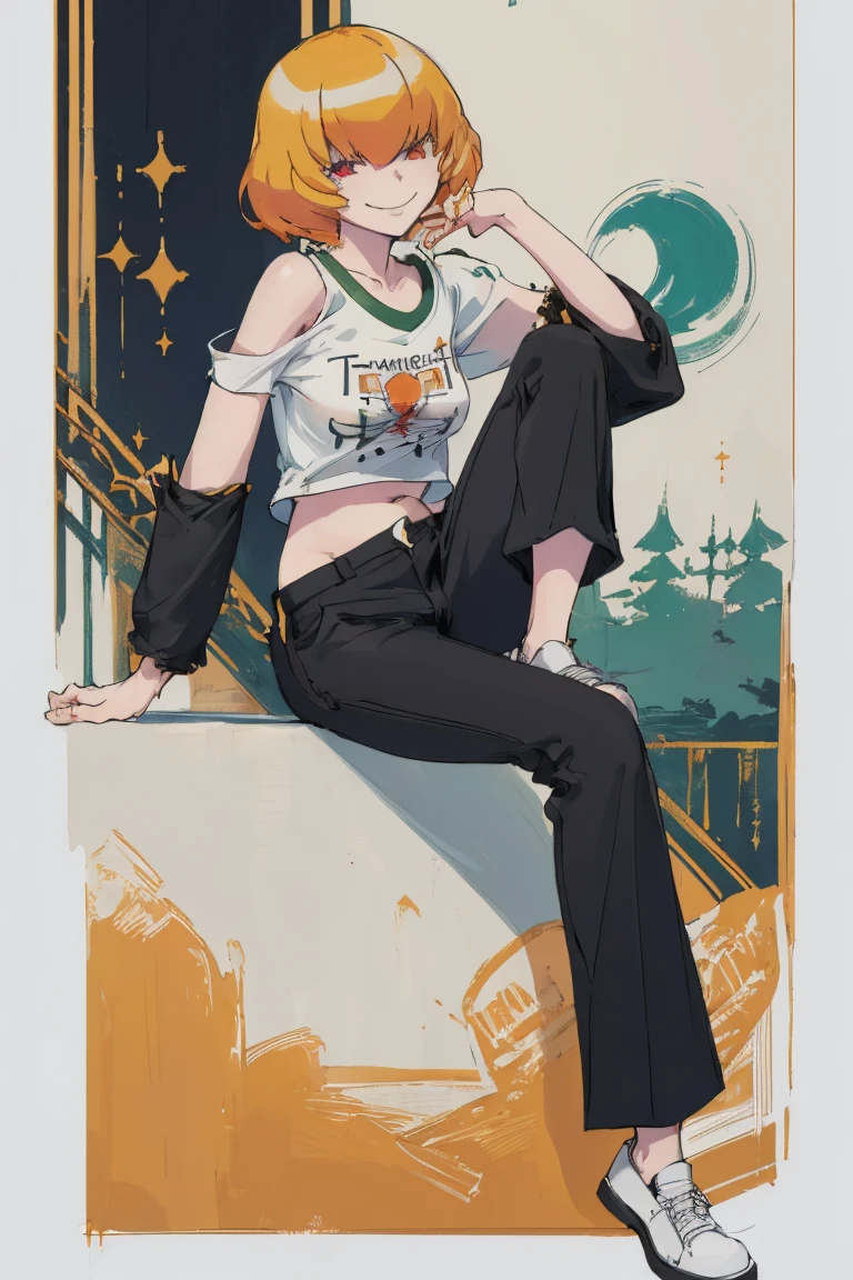 ((Highest quality)), ((masterpiece)), (be familiar with),Clementine,Overload,nsfw,Black and white t-shirt,No sleeve,Green Embroidery,White shoes,Fascinating,Black pants,Bewitching Smile,whole body
