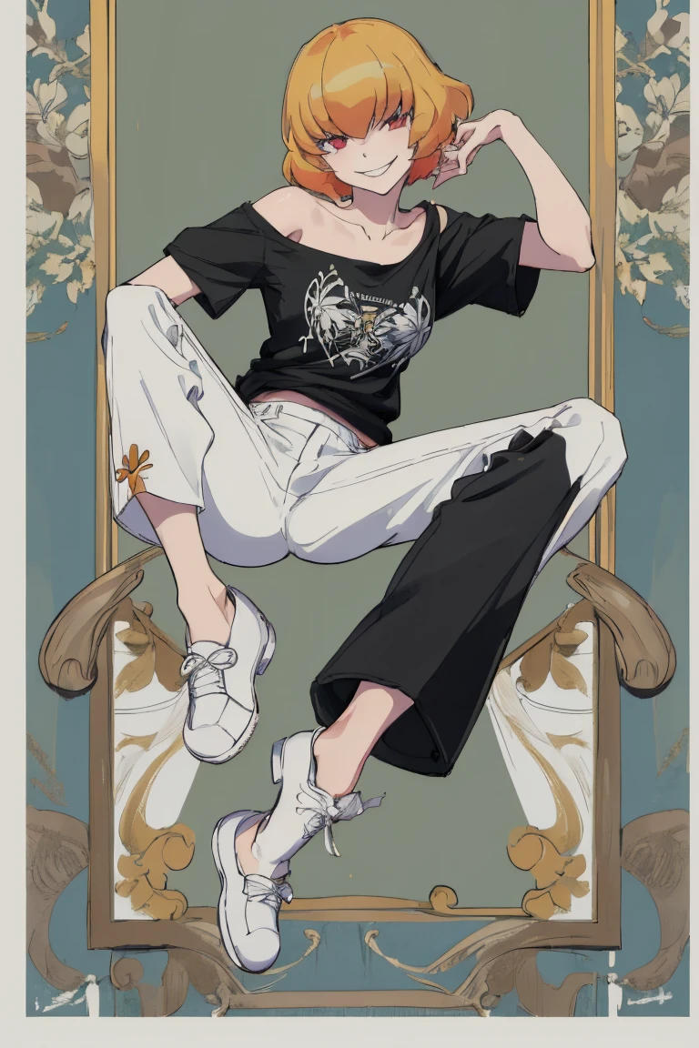 ((Highest quality)), ((masterpiece)), (be familiar with),Clementine,Overload,nsfw,Black and white t-shirt,No sleeve,Green Embroidery,White shoes,Fascinating,Black pants,Bewitching Smile,whole body