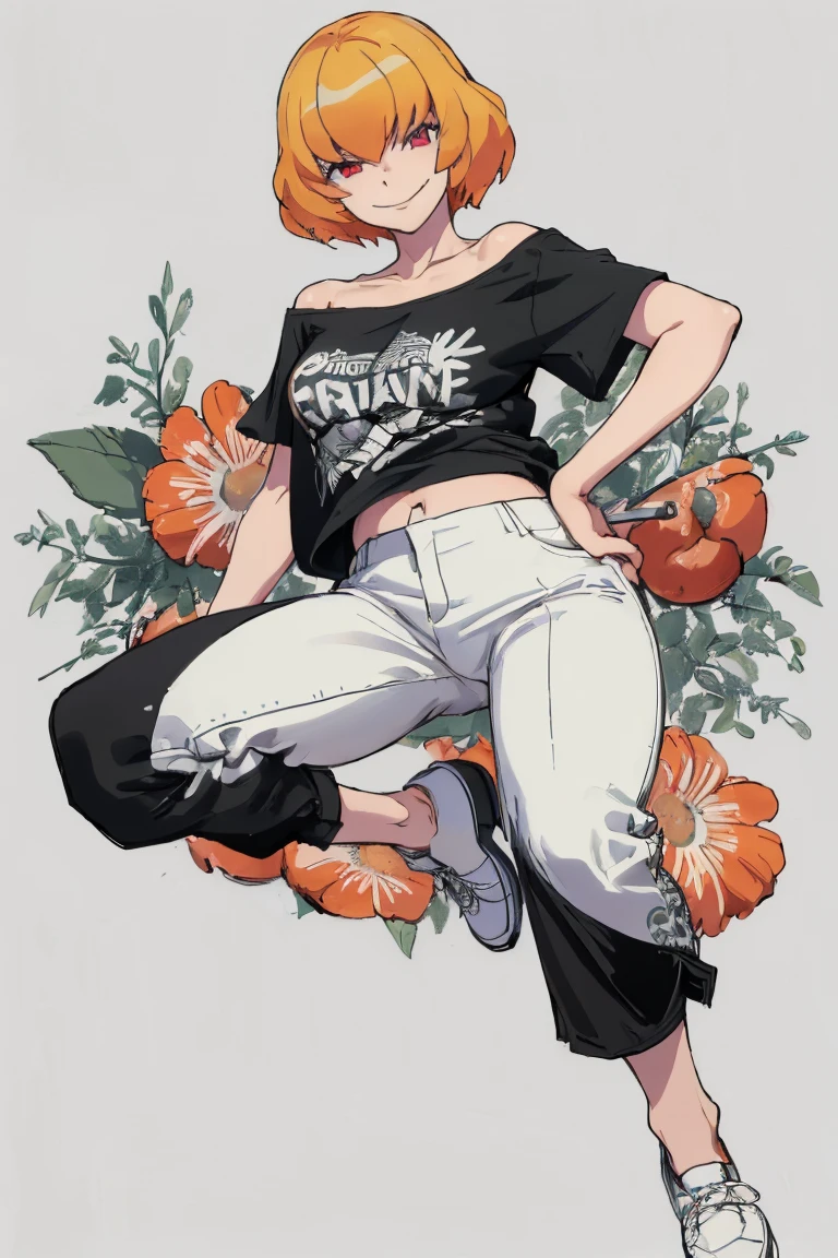 ((Highest quality)), ((masterpiece)), (be familiar with),Clementine,Overload,nsfw,Black and white t-shirt,No sleeve,Green Embroidery,White shoes,Fascinating,Black pants,Bewitching Smile,whole body