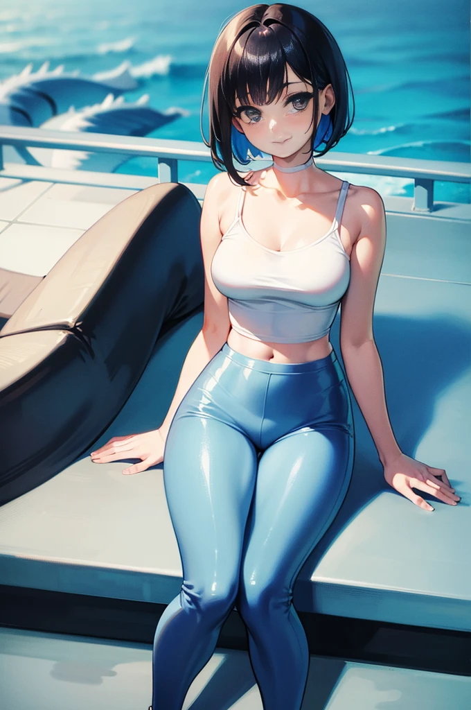 dolphin pants, short bob hair , nice body , sitting with hand holding ground, smile, big eyes, sparkling