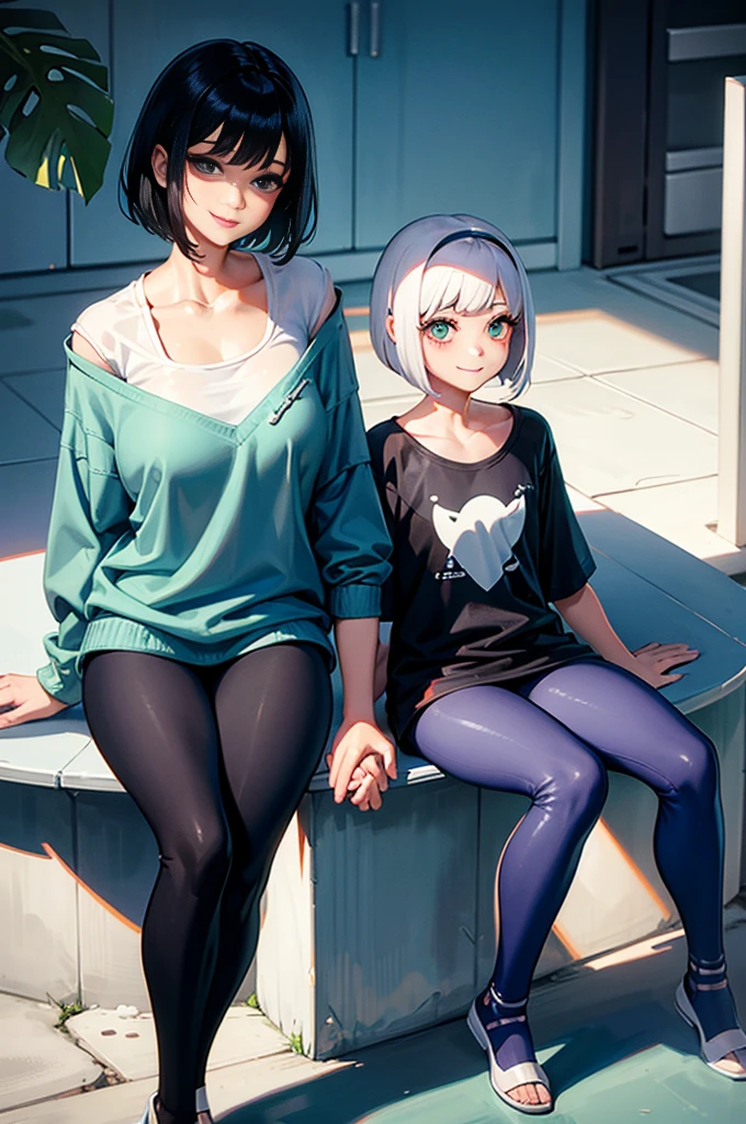 dolphin pants, short bob hair , nice body , sitting with hand holding ground, smile, big eyes, sparkling